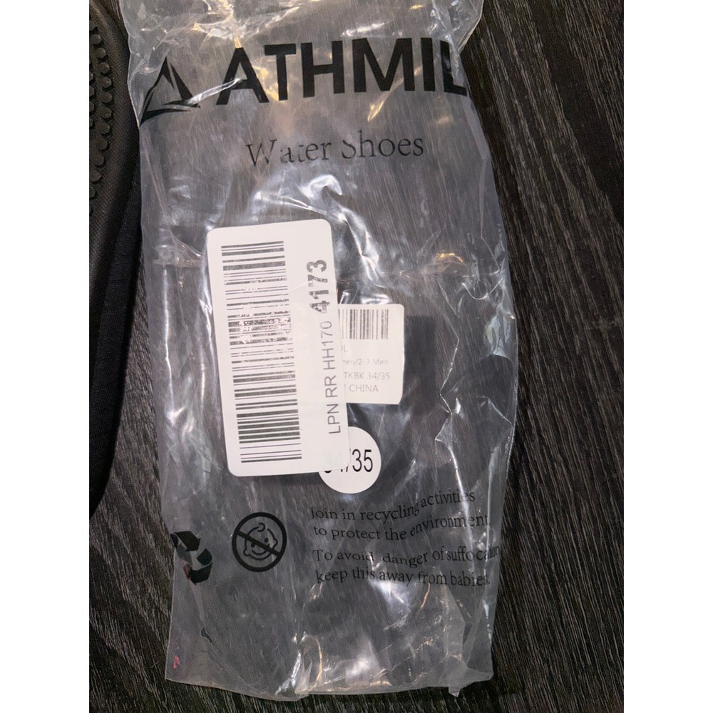 ATHMILE Black Water Shoes Aqua Socks Slip On Men 2-3‎ EU 34/35 Minimalist NEW